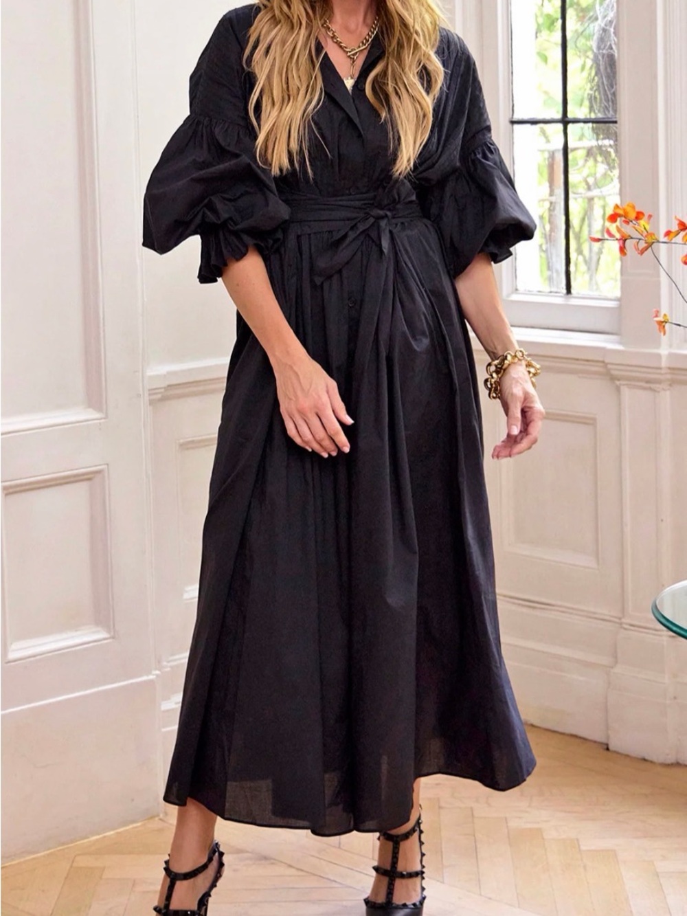 Sheridan French everybody Women's Black Button-Front Tie-Waist Midi Dress